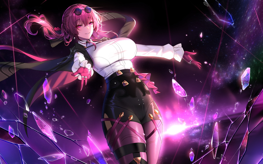 1girl absurdres black_jacket black_shorts boots breasts chest_harness chixiao collared_shirt eyewear_on_head gloves hair_between_eyes harness high-waist_shorts highres honkai:_star_rail honkai_(series) jacket jewelry kafka_(honkai:_star_rail) large_breasts long_hair long_sleeves outstretched_arms pantyhose pantyhose_under_shorts purple-tinted_eyewear purple_eyes purple_gloves purple_hair purple_pantyhose round_eyewear shirt shorts single_thigh_boot smile solo sunglasses thick_thighs thigh_boots thighs tinted_eyewear white_shirt