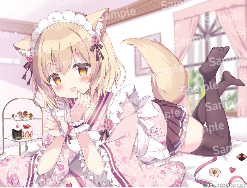 1girl :d animal_ear_fluff animal_ears apron azumi_kazuki black_skirt black_thighhighs blurry blurry_background blush brown_eyes brown_hair checkerboard_cookie commentary_request cookie curtains depth_of_field floral_print food frilled_apron frilled_skirt frilled_sleeves frills hair_between_eyes holding holding_spoon indoors japanese_clothes kimono long_sleeves looking_at_viewer lying maid maid_headdress nail_polish no_shoes on_stomach original pink_kimono pink_nails print_kimono sample_watermark skirt smile soles solo spoon tail thighhighs tiered_tray wa_maid watermark white_apron wide_sleeves window