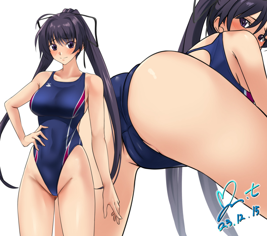 ass black_eyes black_hair blue_one-piece_swimsuit breasts commission competition_swimsuit dated hair_ribbon highleg highleg_swimsuit highres large_breasts long_hair looking_back memories_off_2nd one-piece_swimsuit pixiv_commission ponytail ribbon signature simple_background standing suzuna_takano swimsuit tachi-e two-tone_swimsuit white_background yoo_tenchi