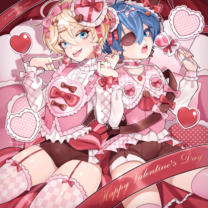 2boys absurdres alois_trancy blonde_hair blue_eyes blue_hair bow box candy checkerboard_cookie checkerboard_cookie_hair_ornament checkered_clothes checkered_legwear child ciel_phantomhive collar cookie cookie_hair_ornament earrings eyepatch flower food food-themed_hair_ornament fruit hair_bow hair_ornament happy_valentine hat heart heart-shaped_box heart_collar heart_earrings heart_eyepatch highres holding holding_candy holding_food holding_lollipop implied_yaoi jewelry kuroshitsuji lollipop male_focus multiple_boys nail_polish open_mouth otoko_no_ko pantyhose pin pink_nails pink_theme ribbon short_hair strawberry tongue tongue_out valentine wormy_owo