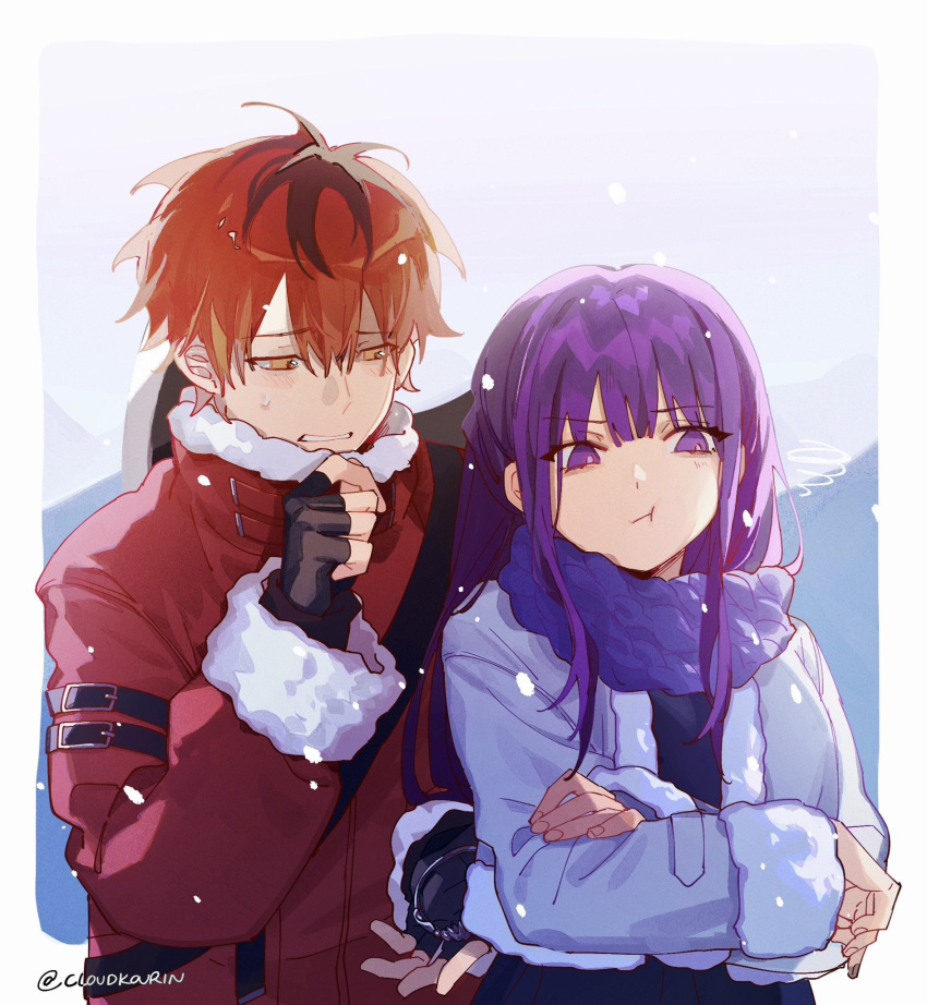 1boy 1girl :t angry black_hair blunt_bangs closed_mouth cloudkourin coat crossed_arms fern_(sousou_no_frieren) fur-trimmed_jacket fur-trimmed_sleeves fur_trim highres jacket long_hair long_sleeves official_alternate_costume pout purple_eyes purple_hair purple_pupils scarf short_hair sidelocks sousou_no_frieren stark_(sousou_no_frieren) straight_hair winter_clothes