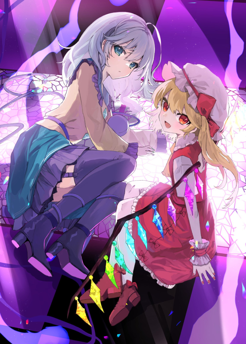 2girls :d arm_support ascot black_footwear black_thighhighs blonde_hair blush bow buttons chireiden commentary diamond_button eyebrows_hidden_by_hair eyelashes fang flandre_scarlet frilled_skirt frills full_body garter_straps green_eyes green_hair green_nails green_sailor_collar green_skirt hair_between_eyes hair_spread_out hat hat_bow high_heels highres indoors komeiji_koishi long_hair looking_at_viewer lying mob_cap multiple_girls nail_polish on_side open_mouth parted_lips pumps purple_theme red_bow red_eyes red_footwear red_nails red_skirt red_vest sailor_collar shirt short_sleeves side_ponytail sitting skin_fang skirt smile stained_glass thighhighs third_eye touhou trait_connection tsukikusa tsurime underlighting vest white_headwear white_shirt white_thighhighs wide_sleeves yellow_ascot yellow_shirt yokozuwari zettai_ryouiki