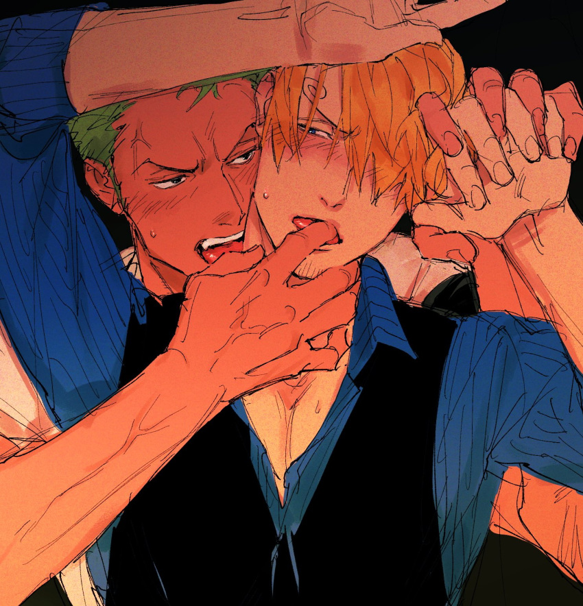 2boys black_background black_eyes black_vest blonde_hair blue_eyes blue_shirt colored_skin finger_to_tongue flustered grabbing_another's_hand green_hair highres kzwtr8 male_focus mature_male multiple_boys one_piece pectoral_cleavage pectorals roronoa_zoro sanji_(one_piece) shirt sweat tan teeth upper_teeth_only vest white_shirt white_skin yaoi