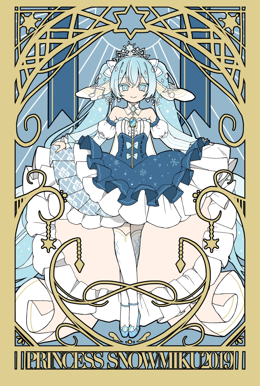 1girl 2019 absurdres beamed_eighth_notes blue_dress blue_eyes blue_hair bright_pupils brooch cape center_frills character_name closed_eyes commentary detached_collar detached_sleeves dress earrings eighth_note framed_breasts frilled_dress frilled_sleeves frills full_body gold_trim hair_ornament halo hatsune_miku highres jewelry layered_dress light_blue_hair long_hair long_sleeves musical_note musical_note_hair_ornament puffy_detached_sleeves puffy_long_sleeves puffy_sleeves shiro_kuro_(shirokuro_3939) skirt_hold sleeveless sleeveless_dress smile snowflake_earrings snowflakes solo straight-on tarot tarot_(medium) thighhighs tiara twintails very_long_hair vocaloid white_cape white_pupils white_thighhighs yuki_miku yuki_miku_(2019)