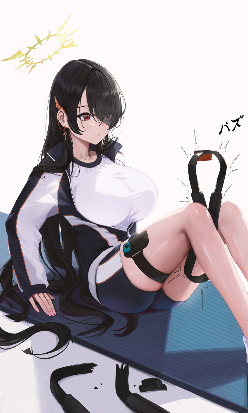1girl absurdres black_hair blue_archive breasts collarbone controller exercise fieryonion hair_over_one_eye halo highres hinata_(blue_archive) holster jacket large_breasts light_blush long_hair nintendo open_mouth parted_hair partially_unzipped red_eyes shirt simple_background taut_clothes taut_shirt thigh_holster track_jacket very_long_hair white_background white_shirt yellow_halo