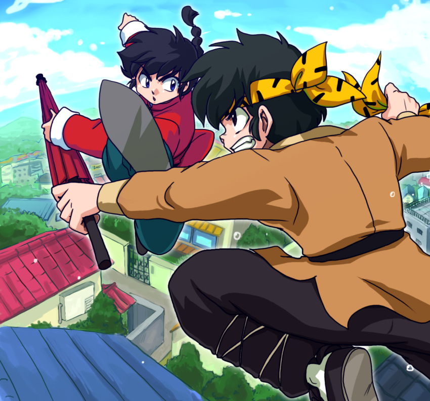 2boys bandana black_hair blue_eyes blue_sky chinese_clothes cloud cloudy_sky fighting hibiki_ryouga house kicking multiple_boys outdoors ranma_1/2 saotome_ranma sky spiked_hair tangzhuang teeth wanta_(futoshi) yellow_bandana