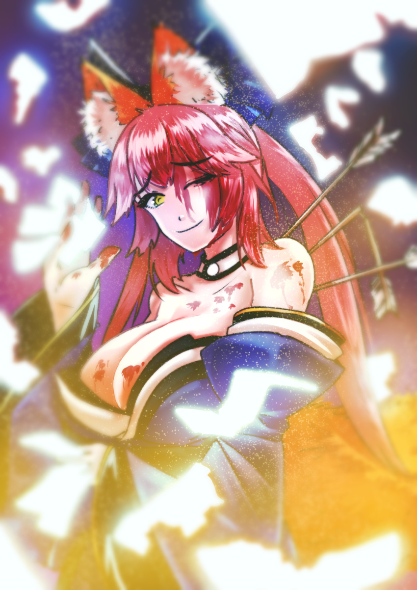 1girl animal_ear_fluff animal_ears arrow_(projectile) arrow_in_body bare_shoulders blood blood_in_hair blood_on_face blood_on_hands blue_kimono bow breasts choi_yuan_(qsta) cleavage detached_sleeves fate/grand_order fate_(series) fox_ears fox_girl fox_tail hair_bow hair_ribbon highres japanese_clothes kimono large_breasts long_hair looking_at_viewer one_eye_closed pink_hair ribbon smile solo split_ponytail tail tamamo_(fate) tamamo_no_mae_(fate/extra) yellow_eyes