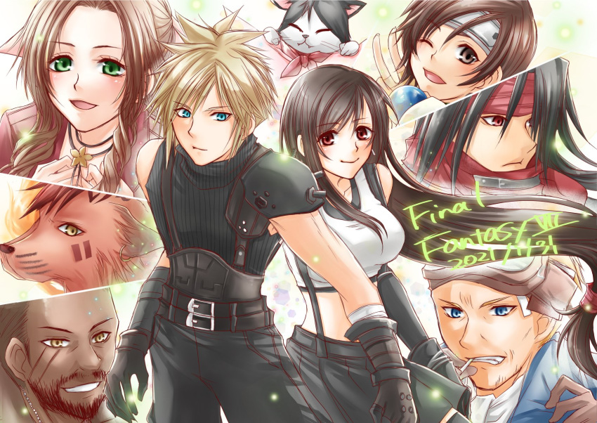 3girls 6+boys :3 aerith_gainsborough animal armor ascot asymmetrical_arms bandaged_arm bandages barret_wallace belt black_belt black_gloves black_hair black_pants black_shirt black_skirt black_sweater blonde_hair blue_eyes blue_jacket brown_eyes brown_facial_hair brown_gloves brown_hair cait_sith_(ff7) cat cid_highwind cigarette clenched_teeth closed_eyes cloud_strife commentary_request copyright_name crop_top dark_skin dated earrings facial_hair facial_mark fangs final_fantasy final_fantasy_vii flower furrowed_brow gloves glowing goggles goggles_on_head green_eyes grin hair_slicked_back hairband hand_up hands_up happy headband headwear_request highres hoop_earrings jacket jewelry layered_shirt light_smile long_hair looking_at_viewer looking_to_the_side low-tied_long_hair marking_on_cheek materia multiple_belts multiple_boys multiple_girls necklace necktie one_eye_closed open_mouth own_hands_together pants parted_bangs pauldrons ream_(arua) red_eyes red_fur red_hair red_hairband red_jacket red_necktie red_xiii scar scar_on_cheek scar_on_face shirt short_hair shoulder_armor sidelocks single_pauldron skirt sleeveless sleeveless_turtleneck smile spiked_hair standing suspenders sweater teeth tifa_lockhart turtleneck upper_body v vincent_valentine wavy_hair white_ascot white_shirt yellow_eyes yellow_flower yuffie_kisaragi