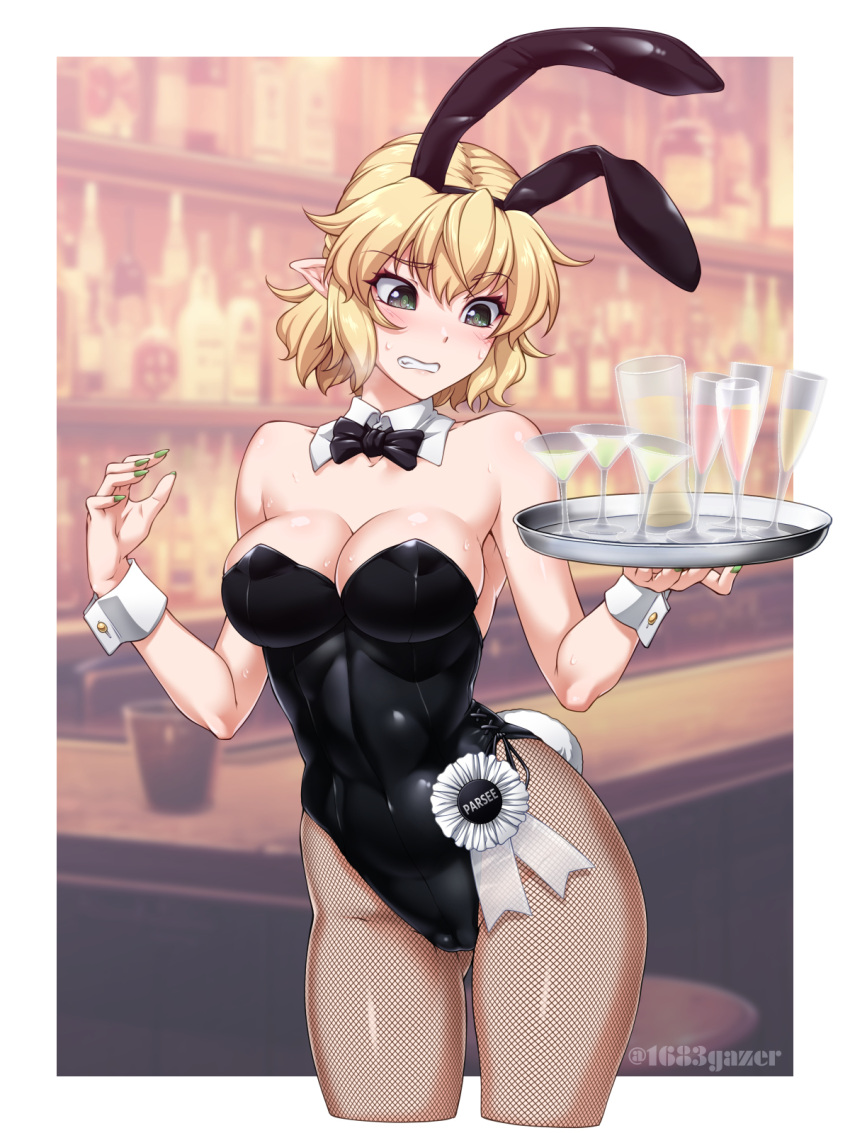 1girl animal_ears bare_shoulders blonde_hair bow bowtie breasts character_name cleavage covered_navel detached_collar fake_animal_ears fake_tail fishnets green_eyes highres leotard medium_hair mizuhashi_parsee ootsuki_wataru pantyhose playboy_bunny pointy_ears rabbit_ears rabbit_tail solo strapless strapless_leotard tail touhou wing_collar wrist_cuffs