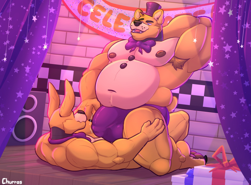 2023 anthro anthro_on_anthro anthro_on_bottom anthro_on_top armpit_hair banner barazoku barefoot bear belly biceps big_belly big_bulge big_muscles body_hair bow_tie bulge churrosolixoso claws clothed clothing curtains detailed_bulge duo english_text eyebrows feet five_nights_at_freddy's five_nights_at_freddy's_3 fur golden_freddy_(fnaf) hand_behind_head hat headgear headwear hi_res inside kneeling lagomorph leporid male male/male male_on_bottom male_on_top mammal musclegut muscular muscular_anthro muscular_male navel nipples on_bottom on_top open_mouth open_smile overweight overweight_anthro overweight_male pecs rabbit scottgames signature size_difference smile springtrap_(fnaf) stage text thick_thighs thong thong_only top_hat topless topless_anthro topless_male tuft underwear underwear_only