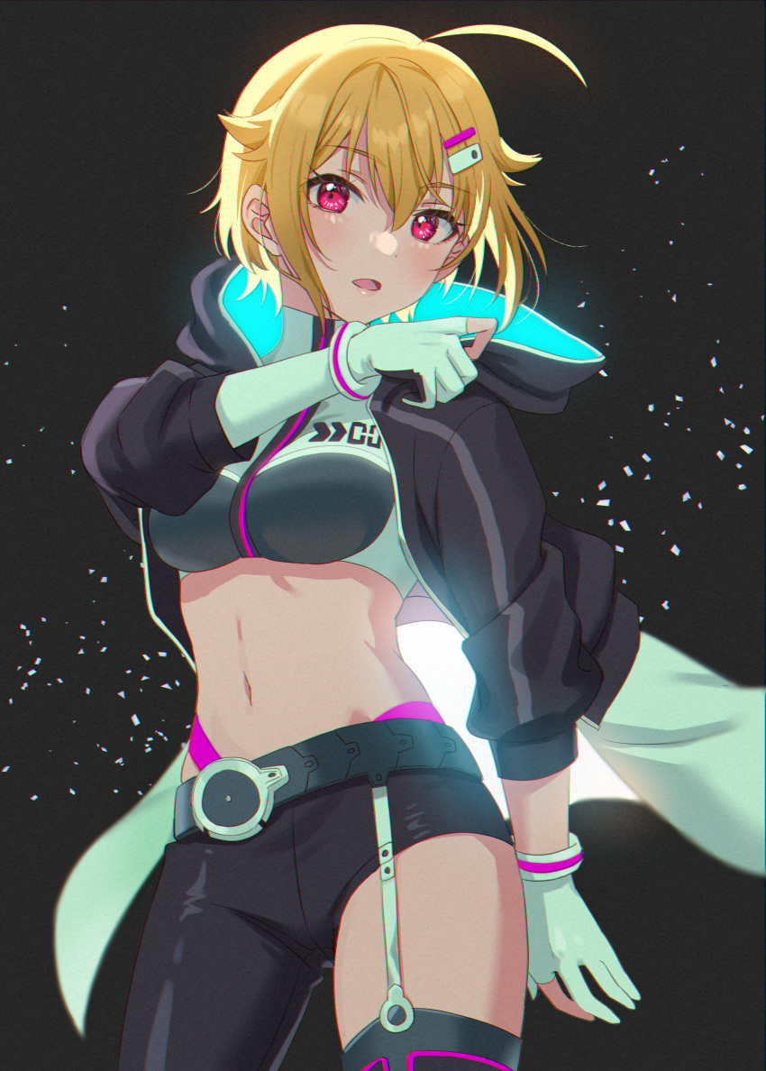 1girl absurdres ahoge asymmetrical_gloves asymmetrical_legwear belt black_background black_belt black_pants black_thighhighs blonde_hair blush breasts cowboy_shot crop_top cropped_shirt dot_nose elbow_gloves emu_(emum) fingerless_gloves garter_straps gloves green_gloves hair_between_eyes hair_ornament hairclip hand_up highres hood hood_down hoodie ibuki_tsubasa idolmaster idolmaster_million_live! idolmaster_million_live!_theater_days large_breasts long_sleeves looking_at_viewer midriff navel open_clothes open_hoodie open_mouth pants red_eyes short_hair single_garter_strap single_thighhigh solo standing thighhighs two-sided_hoodie two-tone_shirt uneven_gloves