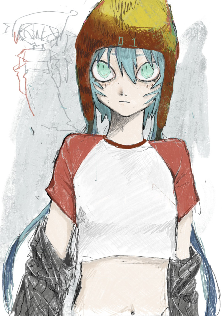 1girl alternate_costume arm_warmers black_arm_warmers blue_eyes blue_hair breasts commentary cropped_shirt doodle_inset earflap_beanie hatsune_miku highres light_blush long_hair looking_up midriff mole mole_on_cheek mole_under_mouth multiple_views navel nekoengine raglan_sleeves red_headwear red_sleeves sanpaku shirt sketch small_breasts tsurime twintails two-tone_headwear upper_body vocaloid white_shirt yellow_headwear