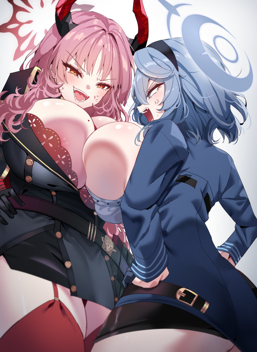 2girls absurdres ako_(blue_archive) anger_vein angry areola_slip ass belt blue_archive blue_hair blush bra bra_peek breast_press breasts cleavage demon_girl demon_horns gloves hair_between_eyes hairband hand_on_own_hip highres horns huge_breasts long_hair long_sleeves looking_at_another mole mole_on_breast multiple_girls necktie nipples open_mouth panties pink_eyes pink_hair rayno red_bra red_eyes red_garter_straps red_horns satsuki_(blue_archive) shirt short_hair simple_background skirt thighhighs thighs tongue tongue_out underwear yellow_eyes yuri