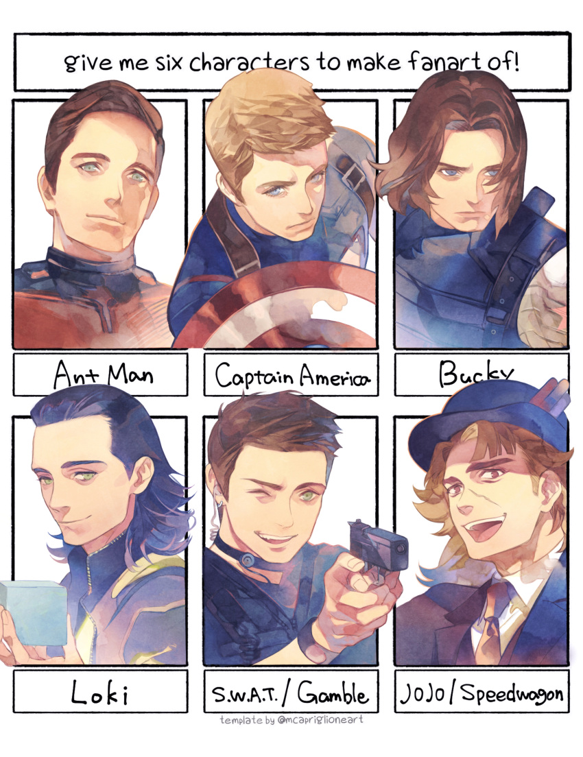 6+boys absurdres ant-man ant-man_(movie) avengers_(series) black_bodysuit black_choker black_hair black_headwear black_jacket black_shirt blonde_hair blue_bodysuit blue_eyes bodysuit brown_eyes brown_hair brown_necktie cable cape captain_america captain_america:_the_winter_soldier captain_america_(series) character_name character_request choker closed_mouth collared_jacket collared_shirt commentary_request copyright_request crossover english_text fang fingernails green_cape green_eyes gun hand_up hands_up hat hat_ornament highres holding holding_gun holding_shield holding_weapon jacket james_buchanan_barnes jojo_no_kimyou_na_bouken light_brown_hair loki_(marvel) long_sleeves looking_at_viewer looking_to_the_side male_focus marvel marvel_cinematic_universe medium_hair meme multiple_boys multiple_drawing_challenge necktie one_eye_closed open_mouth prosthesis prosthetic_arm red_bodysuit robert_e._o._speedwagon roku0180 scar scar_on_face scott_lang shield shirt short_hair simple_background six_fanarts_challenge smile star_(symbol) steve_rogers striped superhero t-shirt teeth tesseract tongue upper_body v-shaped_eyebrows weapon white_background white_shirt winter_soldier wristband