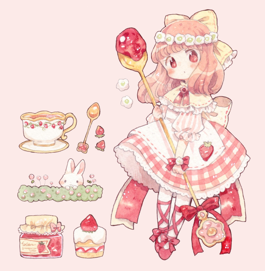 1girl :o apron back_bow ballet_slippers blush_stickers bow brown_hair cake capelet collared_capelet commentary cup eyelashes flower flower_brooch food footwear_bow frilled_bow frilled_capelet frilled_sleeves frills fruit full_body hair_bow head_wreath high_collar highres holding holding_spoon jam jar lace-trimmed_skirt lace_trim leg_ribbon looking_at_viewer medium_hair miniskirt mokarooru neckerchief original oversized_object parted_lips pink_background pink_bow pink_neckerchief pink_sleeves plaid plaid_skirt rabbit red_bow red_eyes red_footwear red_ribbon red_skirt ribbon ribbon-trimmed_apron ribbon-trimmed_bow ribbon-trimmed_capelet ribbon_trim sauce simple_background skirt sleeves_past_elbows solo spoon strawberry strawberry_shortcake symbol-only_commentary teacup two-tone_sleeves vertical-striped_sleeves white_apron white_bow white_flower white_sleeves wrist_bow yellow_bow yellow_capelet