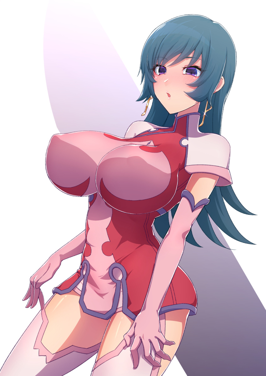 1girl blue_hair blush bracket breasts covered_nipples dress earrings elbow_gloves gloves green_hair highres huge_breasts impossible_clothes impossible_dress jewelry kemurin kotona_elegance long_hair looking_at_viewer open_mouth pink_gloves purple_eyes solo thighhighs zoids zoids_genesis