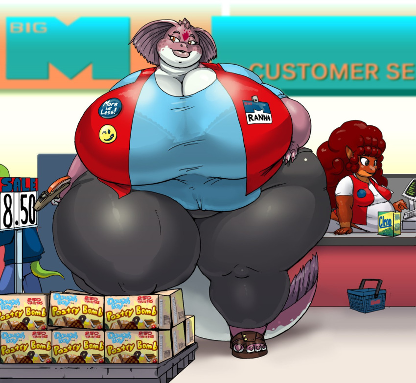 anthro big_breasts bra breasts cleavage clothed clothing dragon duo_focus english_text female fish group hair half-closed_eyes hand_on_hip huge_breasts hyper hyper_breasts inside lips mahi&ntilde;a_(javanshir) marine obese obese_female orange_eyes overweight overweight_female piranha rahna_(vdisco) red_hair store text thick_thighs translucent transparent_clothing underwear vdisco voluptuous wide_hips