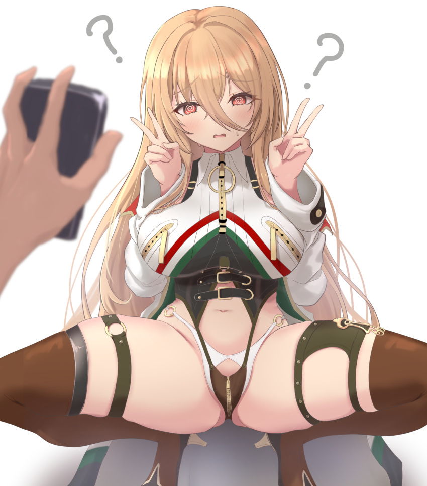 1girl 1other 2_(ninininni) ? azur_lane blonde_hair boots breast_zipper breasts brown_thighhighs commission cosplay crotch_zipper double_v hair_between_eyes high_heels highres hypnosis implacable_(azur_lane) italian_flag large_breasts leonardo_da_vinci_(azur_lane) leonardo_da_vinci_(azur_lane)_(cosplay) long_hair looking_at_viewer mind_control navel pixiv_commission pov pov_hands red_eyes simple_background thigh_boots thighhighs v very_long_hair white_background zipper