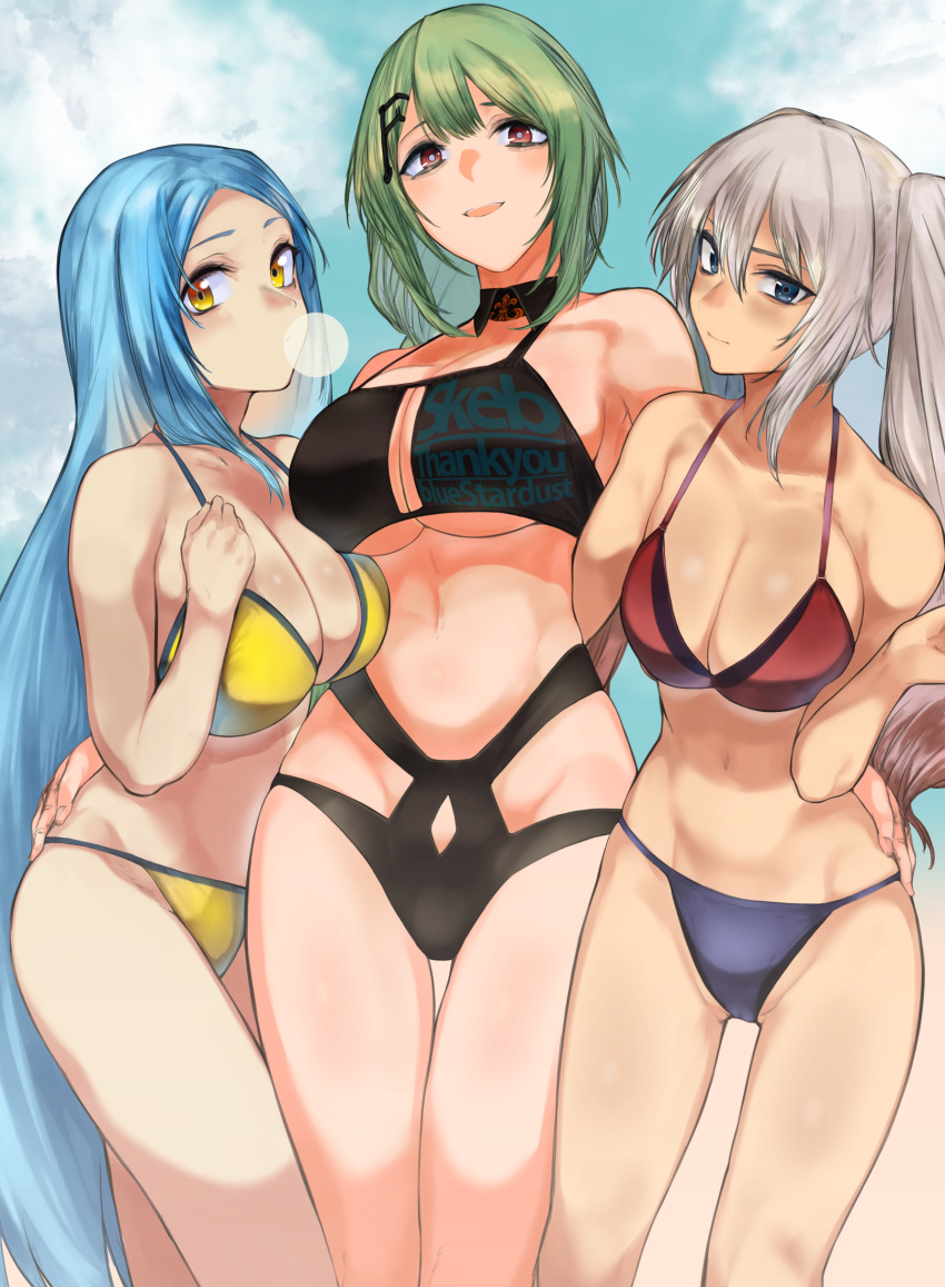 3girls alternate_costume arm_up bare_shoulders bikini black_bikini blue_eyes blue_hair blush breasts cleavage closed_mouth collarbone feet_out_of_frame girls'_frontline green_hair grey_hair hair_ornament hairclip highres kojima_(blue_stardust) large_breasts long_hair looking_at_viewer lwmmg_(girls'_frontline) m249_saw_(girls'_frontline) medium_breasts mk48_(girls'_frontline) multicolored_bikini multicolored_clothes multiple_girls navel open_mouth orange_eyes red_eyes simple_background smile standing swimsuit thank_you twintails very_long_hair yellow_bikini