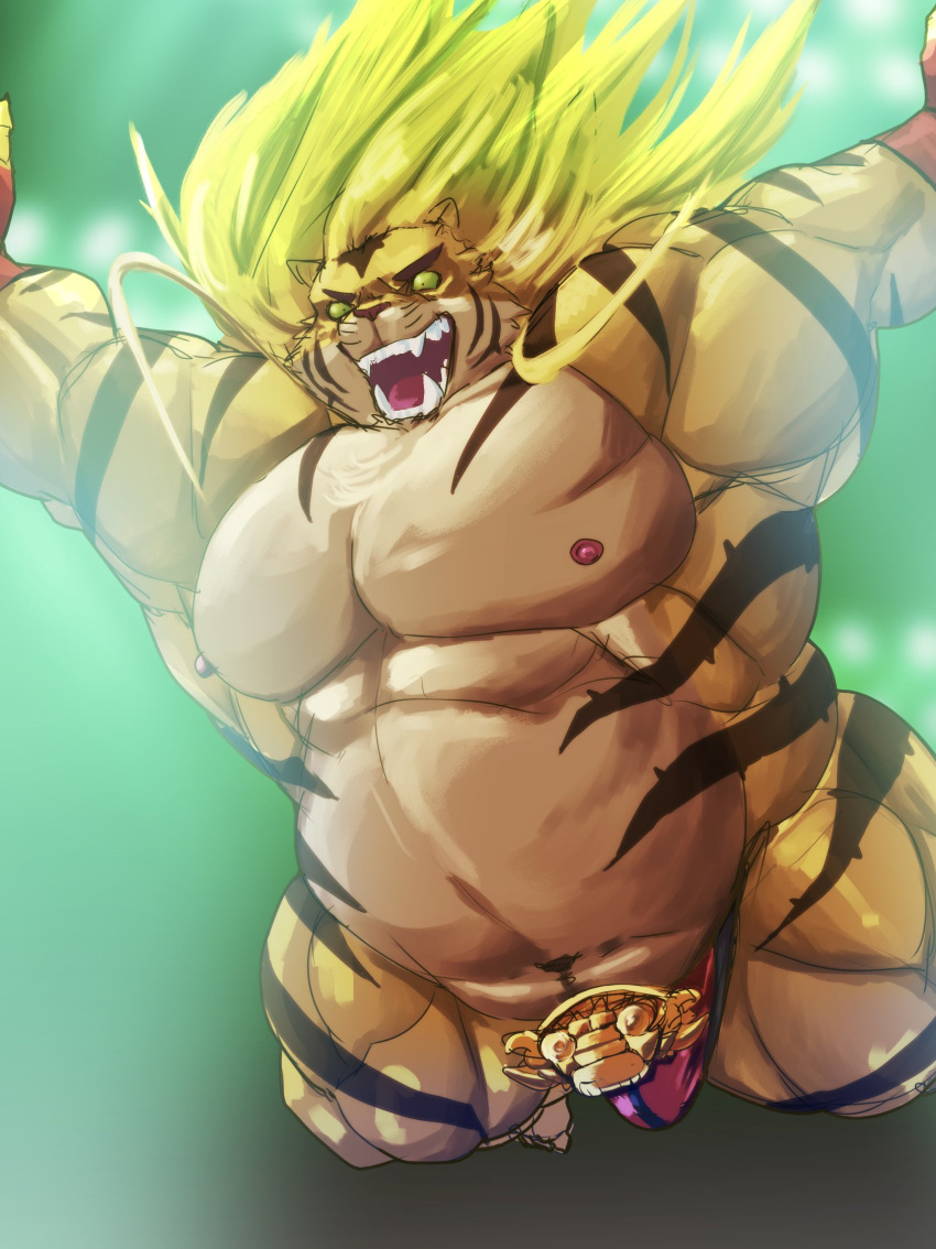 abs angry anthro argo_slothcat2 biceps bulge felid fur hair hi_res lifewonders long_hair macan_(tas) male mammal muscular muscular_anthro muscular_male nipples pantherine pecs roaring solo striped_body striped_fur stripes tiger tokyo_afterschool_summoners