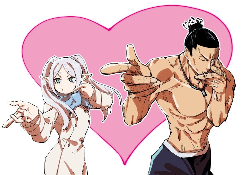 1girl ;o anaguma_201 black_hair blowing_kiss coat double_finger_gun finger_gun frieren grey_eyes heart highres jujutsu_kaisen long_hair muscular muscular_male one_eye_closed pointing pointy_ears puckered_lips scar scar_across_eye scar_on_face season_connection sideburns sousou_no_frieren topless_male toudou_aoi_(jujutsu_kaisen) trait_connection undercut v-taper