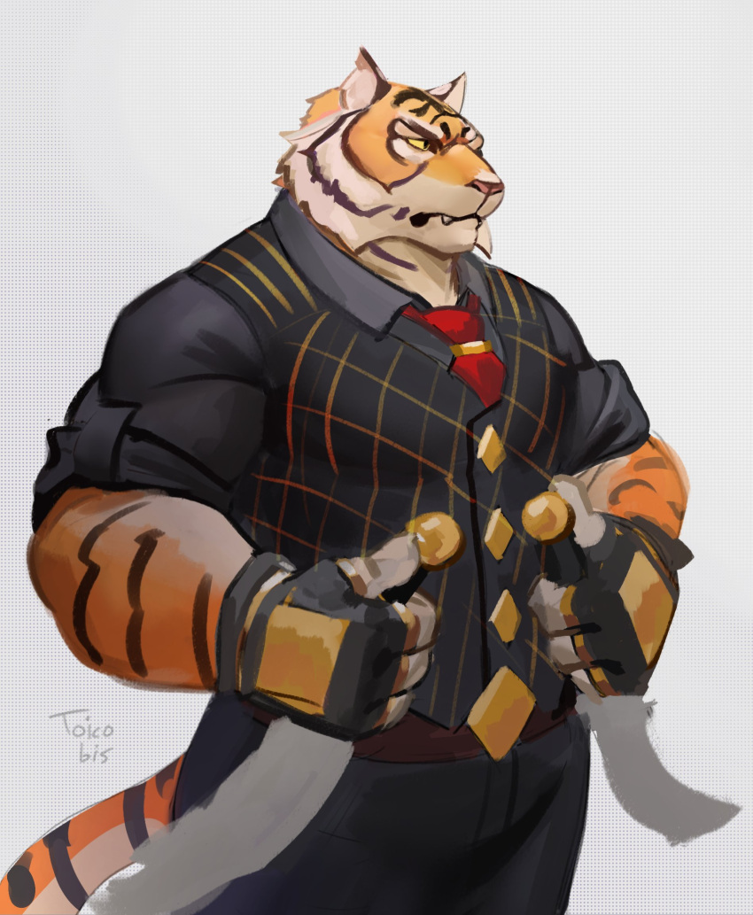 2023 anthro belt biceps black_body black_fur black_stripes bottomwear clothed clothing digital_media_(artwork) epic_games eyebrows felid fingerless_gloves fortnite fully_clothed fur gloves handwear hi_res holding_object holding_weapon male mammal muscular muscular_anthro muscular_male necktie orange_body orange_fur oscar_(fortnite) pantherine pants pecs shirt solo striped_body striped_fur stripes tail tan_body tan_fur tiger toicobis topwear vest weapon