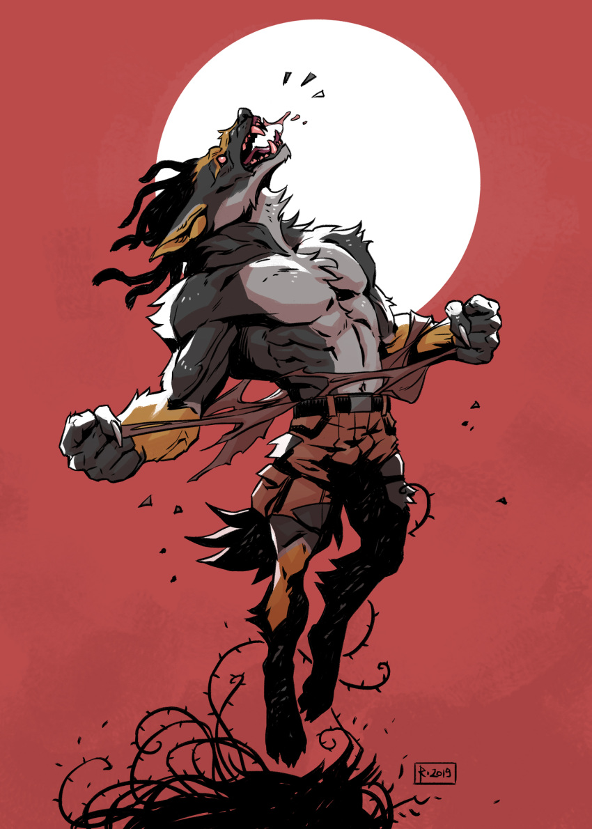 action_pose anthro canid canine canis clothed clothing fur hair hi_res male mammal muscular muscular_anthro muscular_male open_mouth pose sharp_teeth skitalets solo teeth topless torn_clothing were werecanid werecanine werewolf wolf
