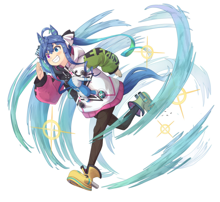 1girl @_@ ahoge air_current animal_ears aqua_hair black_nails blue_eyes blue_hair blush boots bow clothes_writing commentary_request crossed_bangs drawstring full_body grin hair_bow hand_up haniwa_(leaf_garden) heterochromia highres hood hoodie horse_ears horse_girl horse_tail leg_up leggings long_hair long_sleeves looking_ahead multicolored_clothes multicolored_hair multicolored_hoodie nail_polish partial_commentary purple_eyes running sharp_teeth sidelocks smile solo sparkle striped striped_bow stuffed_animal stuffed_rabbit stuffed_toy tail teeth twin_turbo_(umamusume) twintails two-tone_hair umamusume visible_air white_background yellow_footwear