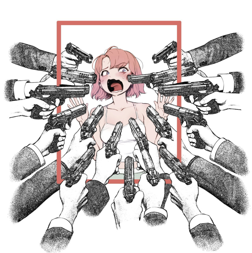 1girl 6+others at_gunpoint bare_shoulders breasts collarbone commentary gradient_hair gun gun_to_head handgun hands_up highres holding holding_gun holding_weapon john_wick long_sleeves looking_at_another medium_breasts mr_tangsuyuk multicolored_hair multiple_others open_mouth orange_hair original parody pointing_gun purple_eyes screaming short_hair solo_focus spaghetti_strap surrounded surrounded_by_guns sweat symbol-only_commentary tank_top weapon white_tank_top