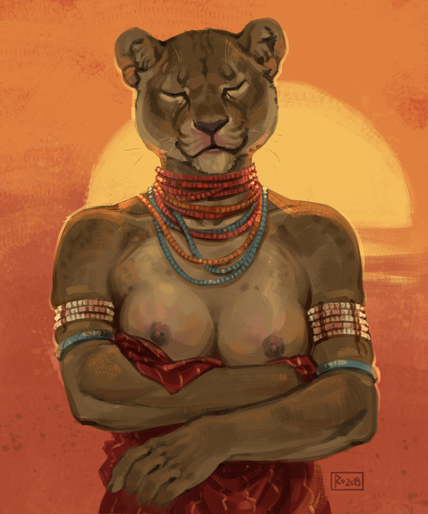 anthro areola breasts clothed clothing eyes_closed felid feline female fur hi_res jewelry mammal necklace nipples skitalets solo