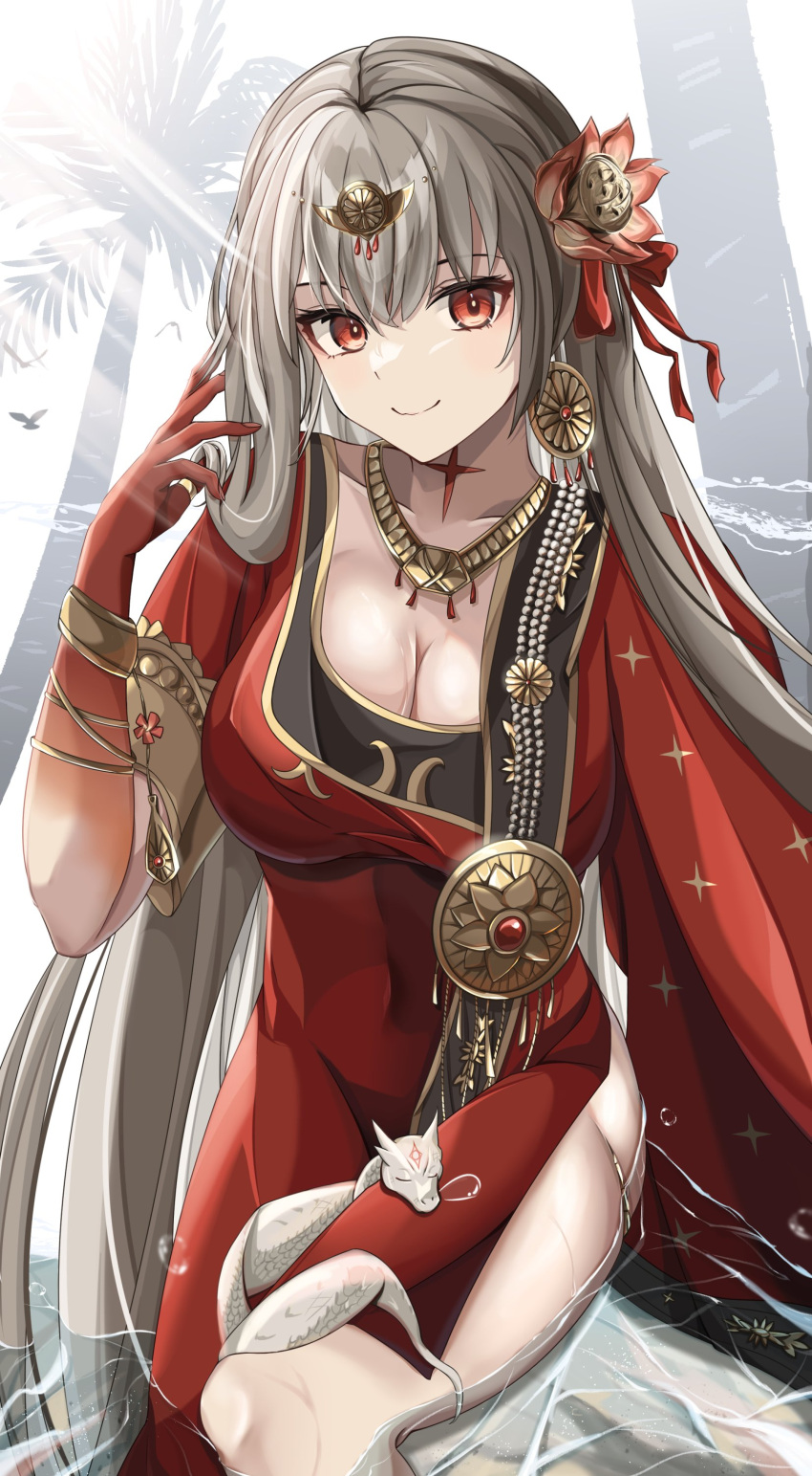 1girl absurdres bracelet breasts cleavage covered_navel dress durga_(fate) earrings fate/grand_order fate_(series) flower hair_flower hair_ornament highres jewelry large_breasts long_hair red_dress red_eyes shoshi12 single_earring sleeping smile snake thumb_ring water white_hair