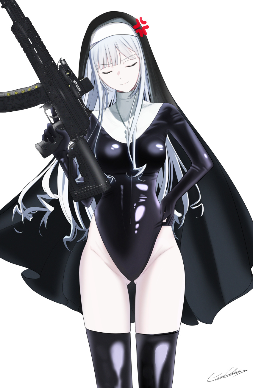 1girl absurdres ak-12 ak-12_(girls'_frontline) artist_name assault_rifle black_leotard black_thighhighs blue_archive breasts closed_eyes closed_mouth cosplay cross cross_necklace expressionless feet_out_of_frame gincho girls'_frontline grey_hair gun hand_on_own_hip highres holding holding_gun holding_weapon jewelry justina_follower_(blue_archive) justina_follower_(blue_archive)_(cosplay) kalashnikov_rifle leotard lips long_hair long_sleeves medium_breasts necklace nun rifle sidelocks solo standing thighhighs thighs weapon white_background