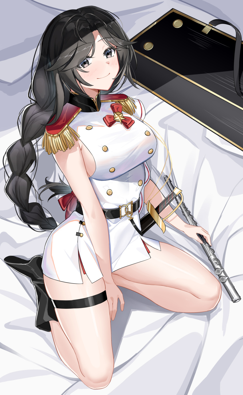 1girl absurdres band_uniform belt black_belt black_eyes black_footwear black_hair blush boots braid braided_ponytail breasts closed_mouth commentary flute full_body general_liu_(girls'_frontline) general_liu_(musings_in_the_morn)_(girls'_frontline) girls'_frontline highres holding holding_instrument instrument kneeling long_hair looking_at_viewer medium_breasts official_alternate_costume on_bed one_smoke simple_background sitting smile solo strapless thighs white_uniform