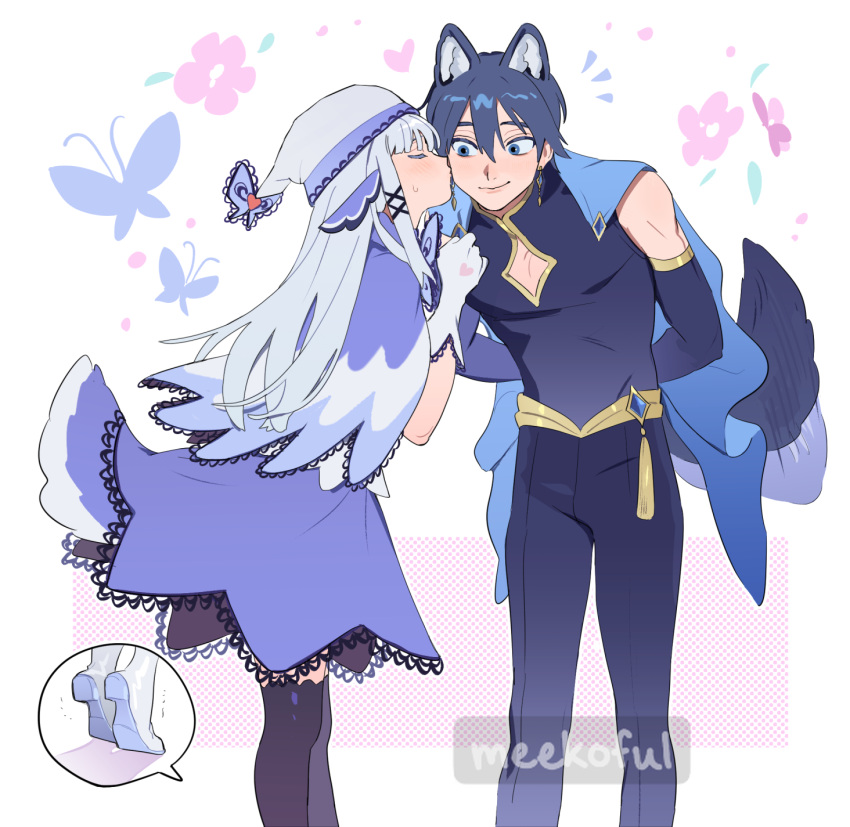 1boy 1girl afterimage animal_ears arms_behind_back black_thighhighs blue_cape blue_capelet blue_eyes blue_hair blue_skirt borrowed_character bug butterfly cape capelet closed_eyes clothing_cutout commission flower fox_boy fox_ears fox_girl fox_tail gloves hat hetero highres kiss kissing_cheek leaning_forward medium_skirt miyage_no_nukegara motion_lines original skeb_commission skirt sweatdrop tail thighhighs tiptoes watermark white_gloves white_hair white_headwear