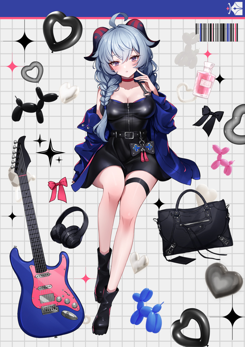 1girl absurdres accessories ahoge alternate_costume ankkoyom balloon balloon_animal barcode black_bag black_dress black_footwear blue_hair boots bottle braid breasts choker cleavage collarbone commentary_request dress electric_guitar full_body ganyu_(genshin_impact) genshin_impact goat_horns guitar hand_up headphones heart_balloon highres horns instrument long_hair long_sleeves looking_at_viewer off_shoulder parted_lips perfume_bottle purple_eyes red_choker red_ribbon ribbon solo sparkle tassel thigh_strap twin_braids