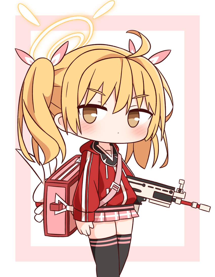 1girl ahoge bag black_thighhighs blonde_hair blue_archive blush closed_mouth commentary_request feet_out_of_frame gun halo hana_kazari highres holding holding_gun holding_weapon jacket long_hair long_sleeves looking_at_viewer pink_skirt pleated_skirt red_jacket skirt solo thighhighs twintails weapon yellow_eyes yellow_halo yoshimi_(blue_archive)