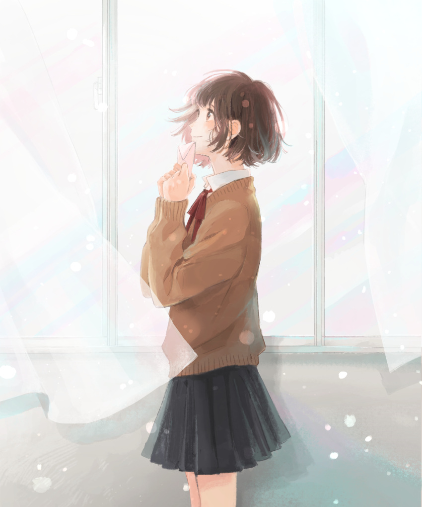 1girl black_skirt brown_eyes brown_hair brown_sweater closed_mouth collared_shirt cowboy_shot curtains day envelope highres hinao_(flowerrabbit2348) holding holding_envelope indoors light_particles light_smile long_sleeves looking_up neck_ribbon original pleated_skirt profile red_ribbon ribbon school_uniform shirt short_hair skirt standing sweater window