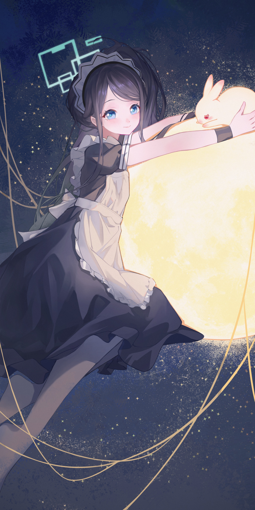 1girl absurdres apron aqua_halo aris_(blue_archive) aris_(maid)_(blue_archive) black_dress black_hair black_wristband blue_archive blue_eyes closed_mouth dress frilled_apron frills full_moon highres kasuka_(18206541) long_hair looking_at_viewer maid maid_apron maid_headdress moon night night_sky official_alternate_costume pantyhose ponytail puffy_short_sleeves puffy_sleeves rabbit short_sleeves sky square_halo string very_long_hair white_apron white_pantyhose