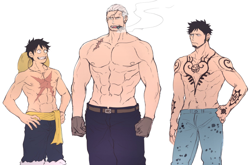 3boys abs arms_at_sides bara cowboy_shot denim facial_hair highres jeans large_pectorals looking_at_another love_triangle male_focus mature_male medium_sideburns monkey_d._luffy multiple_boys muscular muscular_male navel nipples one_piece pants pectorals scar scar_on_face scar_on_forehead short_hair sideburns_stubble smoker_(one_piece) sparse_stubble standing stitches stubble toned toned_male trafalgar_law tsurime white_hair yamakazi47 yaoi