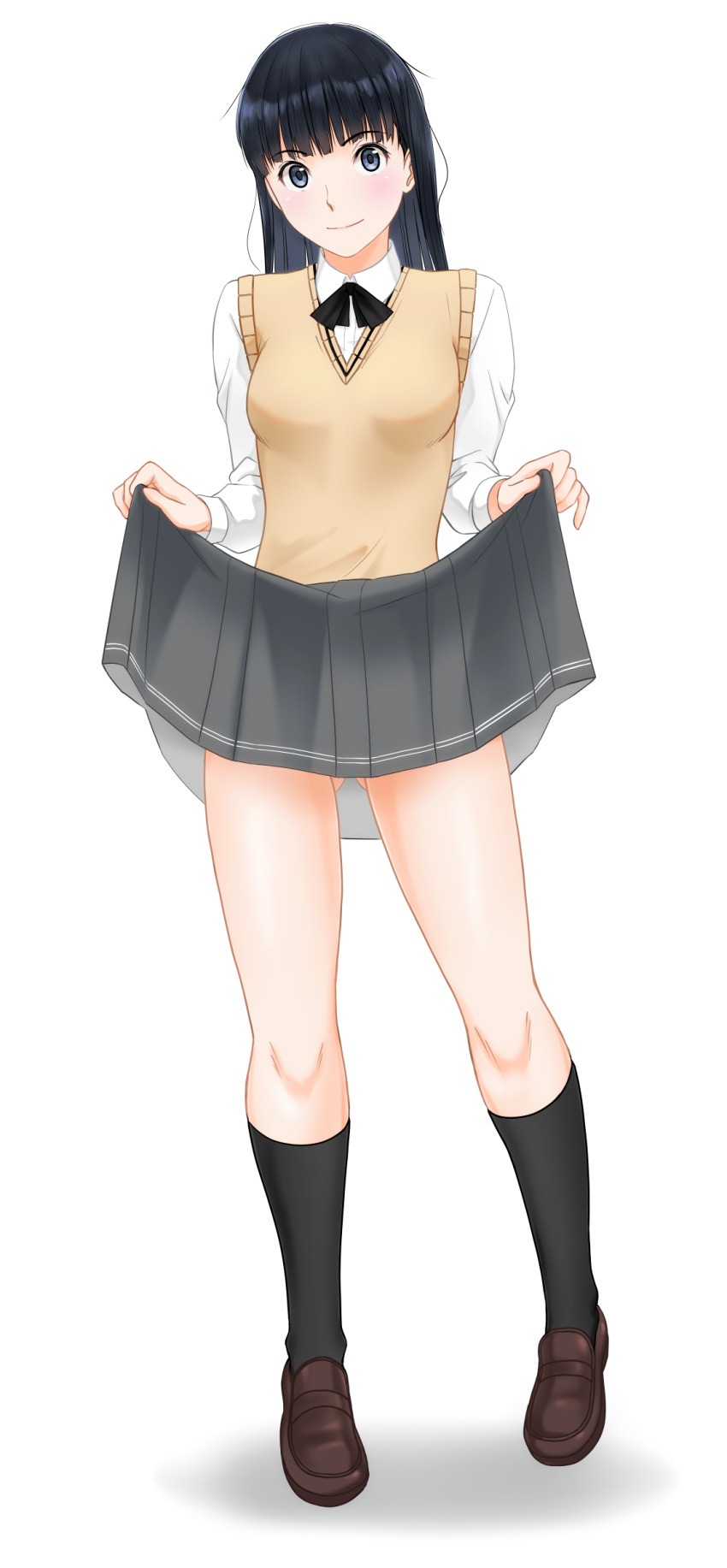1girl absurdres amagami ass_visible_through_thighs ayatsuji_tsukasa black_bow black_bowtie black_eyes black_hair black_socks bow bowtie brown_footwear closed_mouth clothes_lift full_body grey_skirt highres kero320 kibito_high_school_uniform light_smile loafers long_hair long_sleeves looking_at_viewer pleated_skirt school_uniform shirt shoes skirt skirt_lift socks solo straight_hair sweater_vest white_background white_shirt yellow_sweater_vest