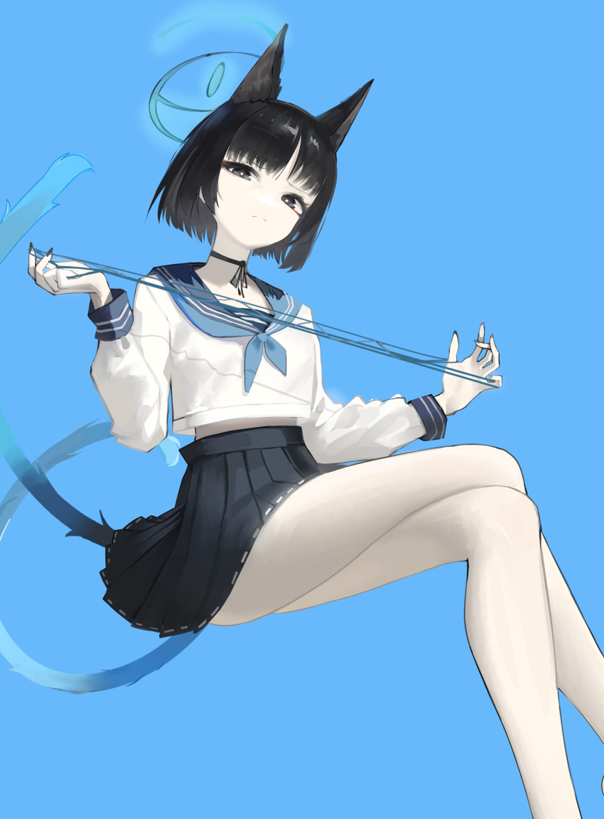 1girl animal_ears bakeneko bare_legs black_choker black_eyes black_hair black_nails black_ribbon black_skirt blue_archive blue_background blue_neckerchief blue_sailor_collar bright_pupils cat's_cradle cat_ears choker closed_mouth crossed_legs da_(datako) english_commentary eyeshadow feet_out_of_frame halo head_tilt highres kikyou_(blue_archive) legs light_frown long_sleeves looking_at_viewer makeup midriff_peek multiple_tails nail_polish narrowed_eyes neckerchief pale_skin pleated_skirt red_eyeshadow ribbon ribbon_choker sailor_collar school_uniform serafuku shirt short_hair simple_background skirt solo tail thighs two_tails white_pupils white_shirt