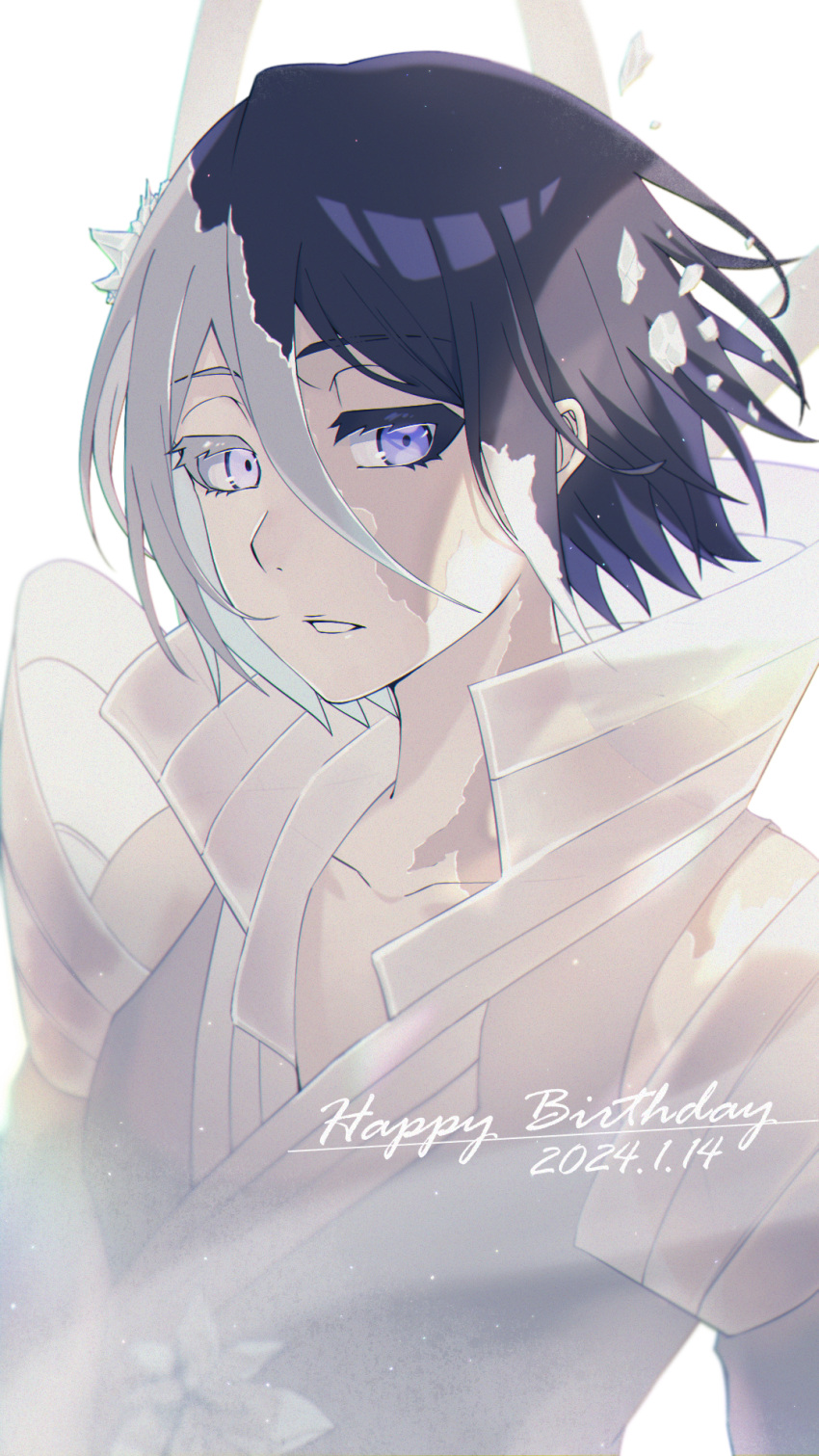 1girl 2024 bankai black_hair bleach bleach:_sennen_kessen-hen collarbone colored_eyelashes commentary dated dress eyelashes floating_hair hair_between_eyes hakka_no_togame_(bankai) happy_birthday high_collar highres ice kuchiki_rukia looking_at_viewer multicolored_hair nose parted_lips purple_eyes short_hair sidelighting simple_background solo sumire_1046 two-tone_hair upper_body white_background white_dress white_hair