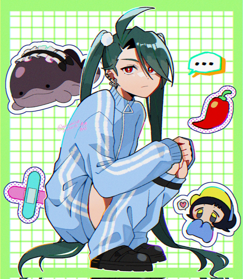 ... 2girls ahoge bandaid black_footwear blue_sweater border bright_pupils chibi chibi_inset chili_pepper clodsire closed_mouth clothed_pokemon commentary earrings genjitsu_o_miro green_border green_hair heart highres jewelry leg_warmers long_hair maid_headdress multiple_girls outside_border pokemon pokemon_(creature) pokemon_sv poppy_(pokemon) red_eyes rika_(pokemon) shoes sitting smile solid_circle_eyes spoken_ellipsis spoken_heart squatting sweater swept_bangs symbol-only_commentary track_uniform twintails white_pupils