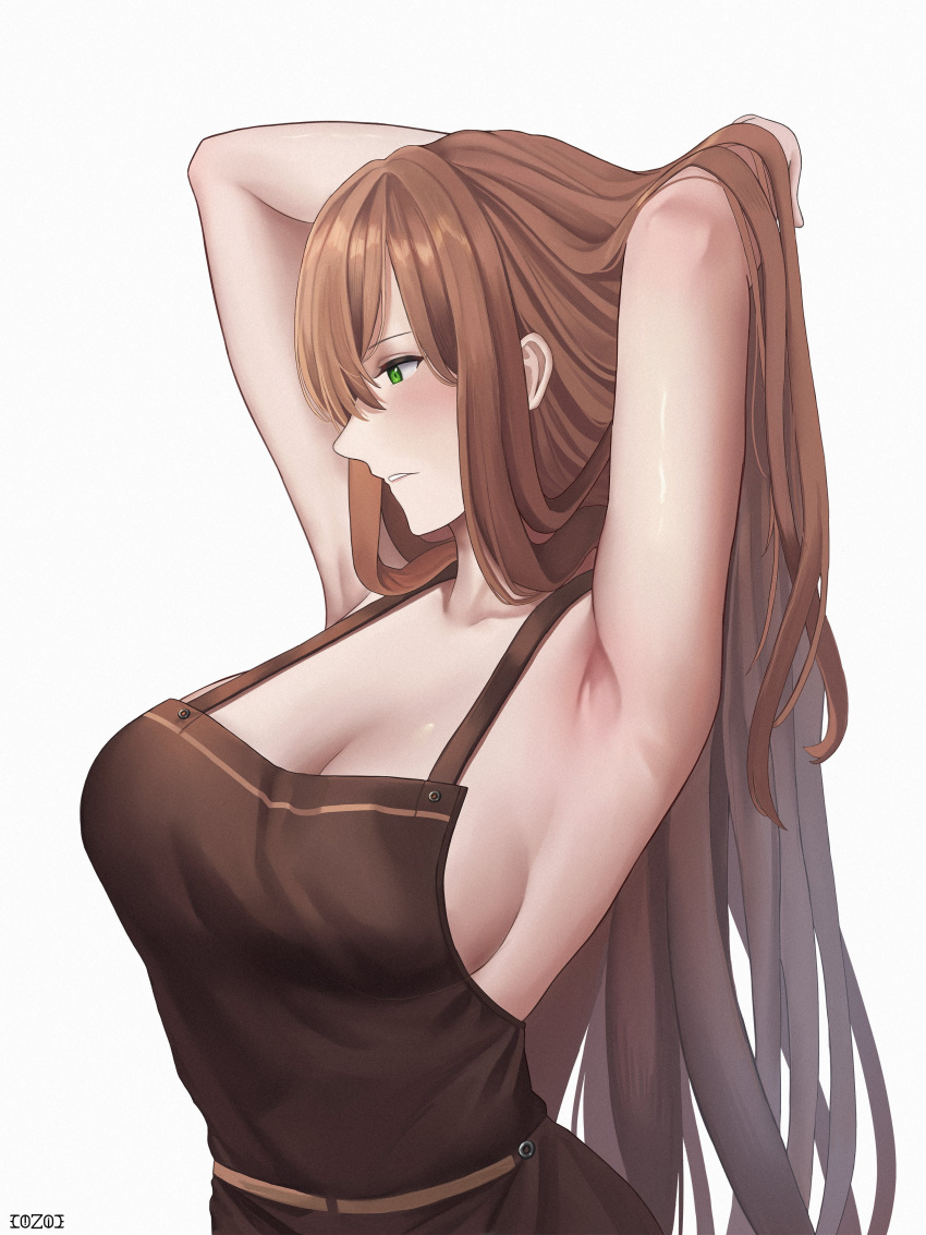 1girl absurdres apron armpits arms_behind_head arms_up artist_name breasts brown_apron brown_hair cleavage cozie178 girls'_frontline green_eyes highres long_hair naked_apron parted_lips solo springfield_(girls'_frontline) upper_body white_background