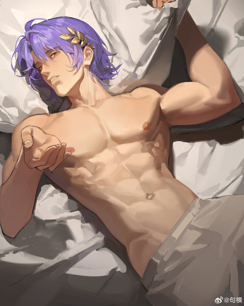 1boy abs absurdres chinese_commentary commentary_request dr._ratio_(honkai:_star_rail) hair_ornament highres honkai:_star_rail honkai_(series) juheng looking_at_viewer lying male_focus muscular muscular_male on_back open_hand pectorals pillow pillow_grab purple_hair topless_male