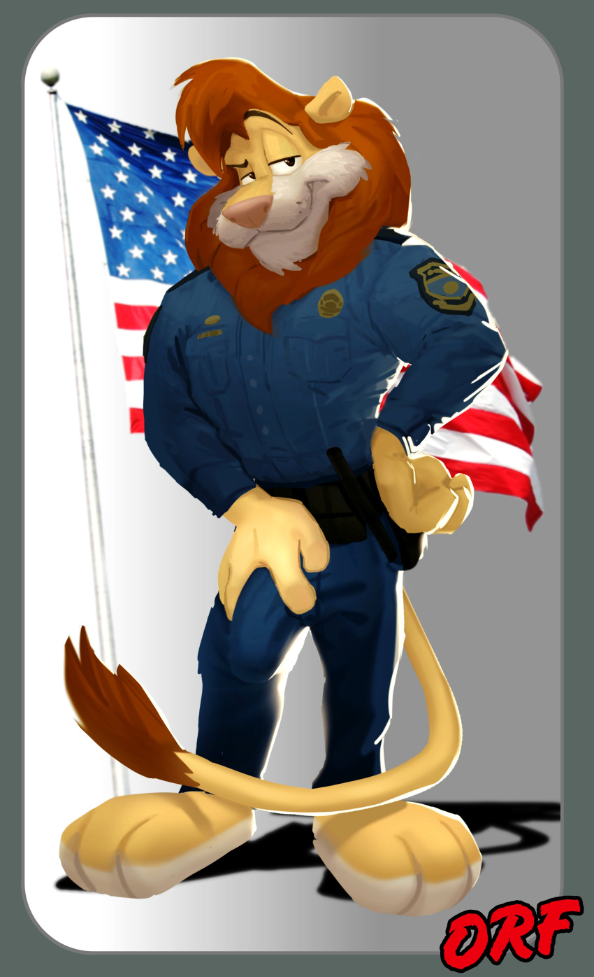 2020 absurd_res anthro barefoot bulge clothed clothing d.a.r.e. daren feet felid genital_outline genitals hi_res holding_penis lion looking_at_viewer male mammal orf pantherine penis penis_outline police_uniform presenting presenting_penis signature solo stars_and_stripes uniform united_states_of_america
