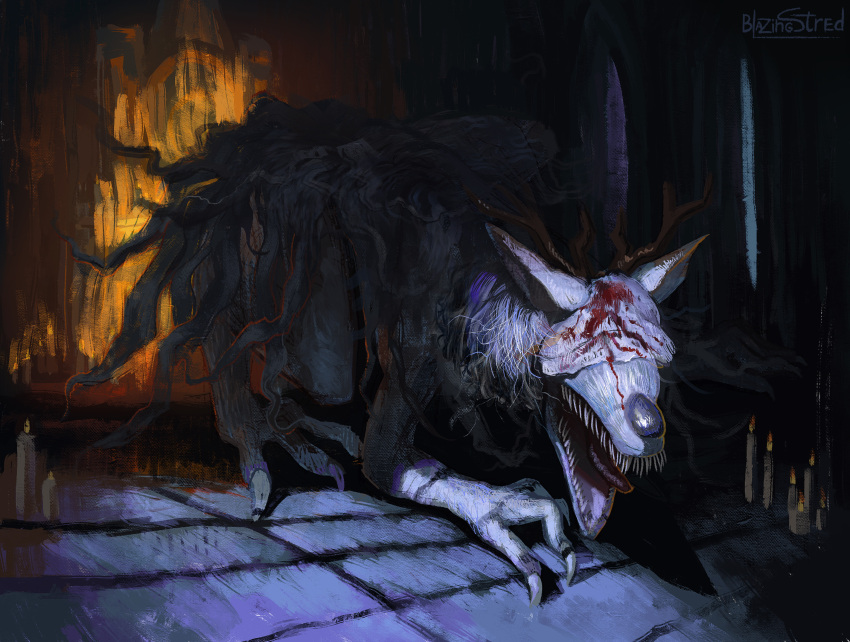 1girl animal_focus antlers artist_name bandages bandages_over_eyes blazingstred blood bloodborne candle claws commentary conical_teeth crawling english_commentary highres indoors long_hair monster sharp_teeth teeth veil_over_eyes vicar_amelia warhammer_40k werewolf white_hair