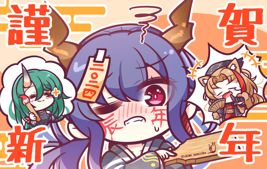 +++ 3girls :d absurdres arknights benizika black_gloves black_headwear blue_hair blush breasts brown_hair ch'en_(arknights) chibi clenched_teeth closed_eyes commentary_request dragon_horns egasumi facepaint fang folding_fan gloves green_hair grey_kimono hagoita hair_between_eyes hand_fan highres holding holding_fan holding_paintbrush horns hoshiguma_(arknights) japanese_clothes kimono long_hair medium_breasts multicolored_hair multiple_girls nose_blush obi outline paddle paintbrush parted_bangs pointing red_hair red_kimono sash single_horn smile squiggle streaked_hair swire_(arknights) tears teeth twitter_username white_outline