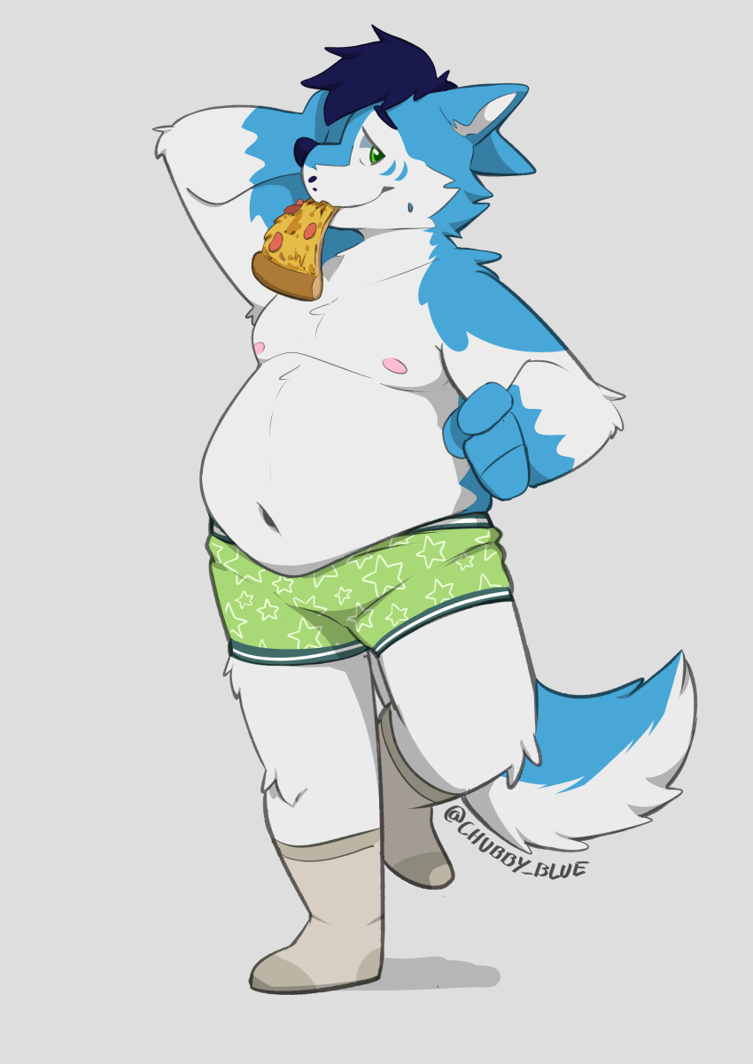absurd_res anthro belly blue_hair bluechubbywolf canid canine canis cheek_markings clothed clothing domestic_dog facial_markings food footwear front_view green_eyes hair head_markings hi_res husky hybrid male mammal markings navel nordic_sled_dog overweight overweight_anthro overweight_male pizza socks soft_belly solo spitz underwear underwear_only white_belly wintie wolf