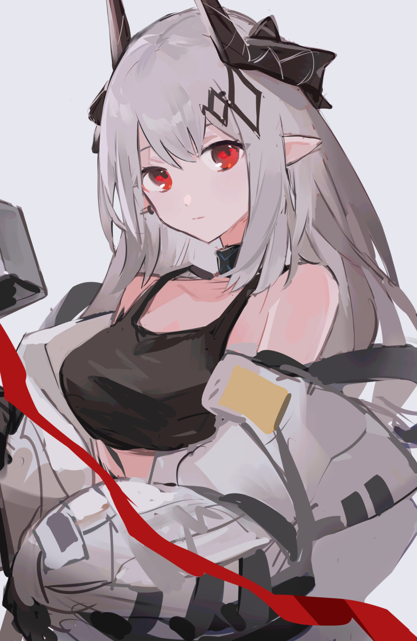 1girl absurdres arknights black_collar black_horns black_sports_bra breasts collar commentary_request demon_horns grey_background grey_hair hammer highres holding holding_hammer horns jumpsuit long_hair looking_at_viewer mudrock_(arknights) mudrock_(elite_ii)_(arknights) open_jumpsuit pointy_ears red_eyes simple_background sledgehammer solo sports_bra tarouoga upper_body white_jumpsuit